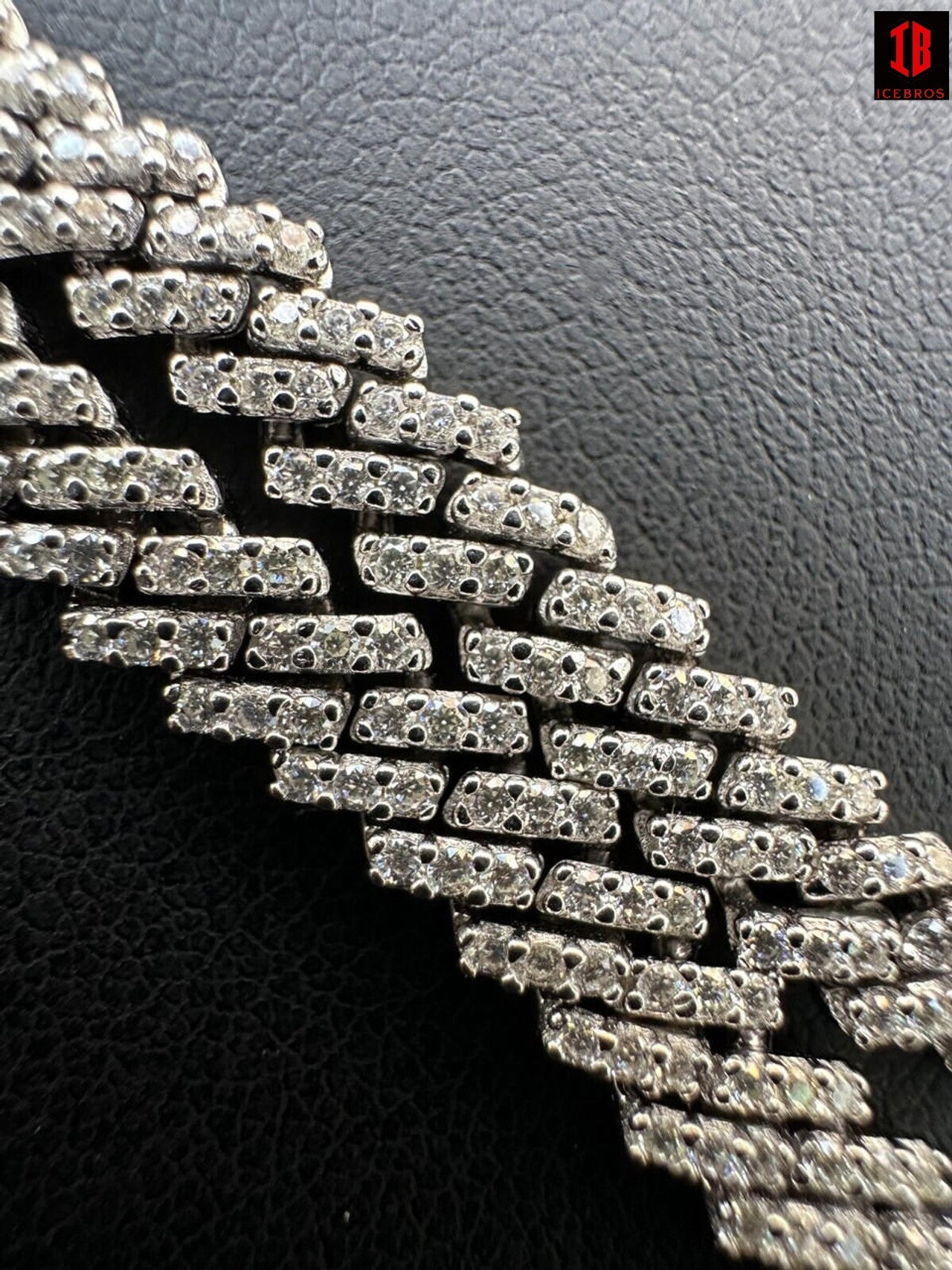 Detailed View of White Gold Iced Prong Cuban Bracelet showing Mini Moissanite Necklace