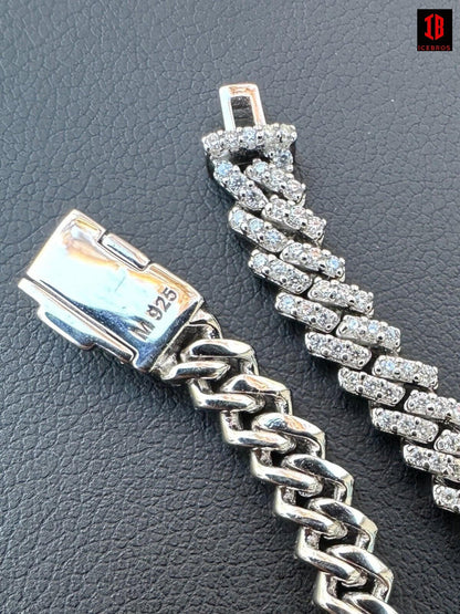 925 Sterling Silver & White Gold Miami Iced Prong Bracelet