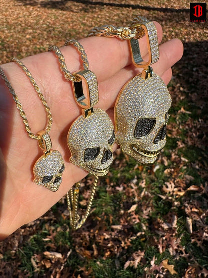 Men's Diamond Moissanite 3D Skull Pendant 14k Gold and White Gold Plated 925 Sterling Silver Necklace
