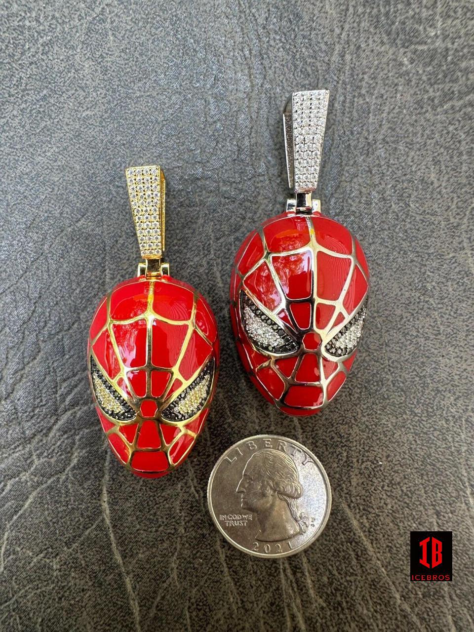 MOISSANITE Spider-Man Mask Enamel Vermeil Plated Iced Pendant Out Necklace