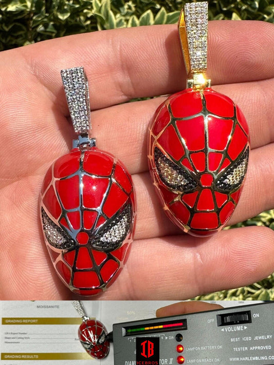 MOISSANITE Spider-Man Mask Enamel Vermeil Plated Iced Pendant Out Necklace