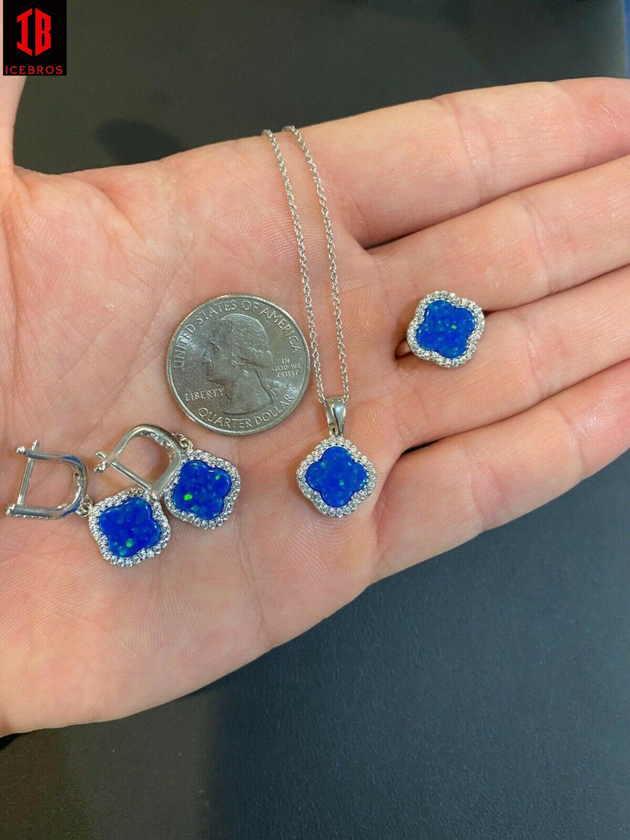 Solid 925 Silver Four Leaf Clover Blue Opal Ring Necklace & Earrings Ladies Set