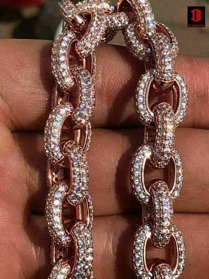 Solid 925 Sterling Silver Mens Thick Heavy Rolo Chain Iced CZ HANDMADE Diamonds Flooded Out (YELLOW GOLD)