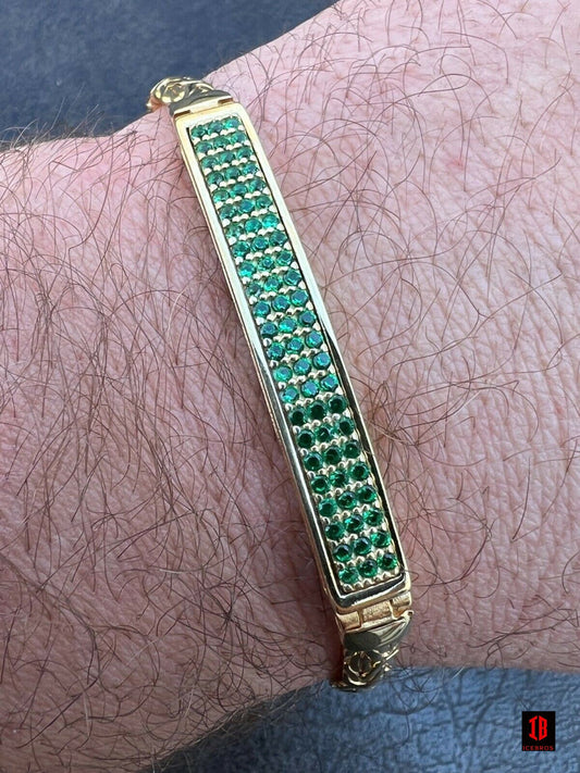 YELLOW GOLD Men Byzantine Presidential ID Bracelet Real 925 Silver Iced Green Eemerald Stone