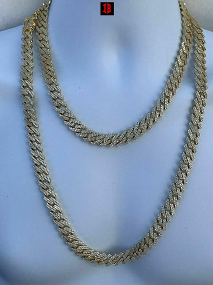 12mm YELLOW GOLD Miami Cuban Prong Chain Solid 925 Sterling Silver 18" Choker - 30" Mens Necklace