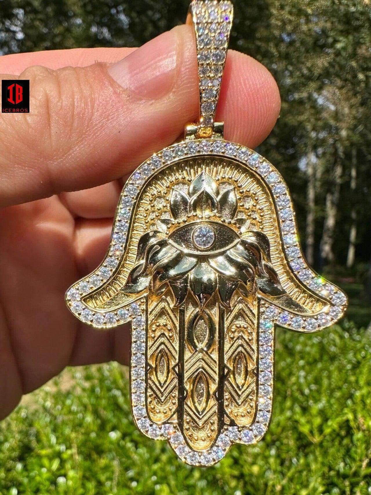 Real 925 Sterling Silver Hamsa Evil Eye Hand Iced MOISSANITE Pendant - YELLOW GOLD