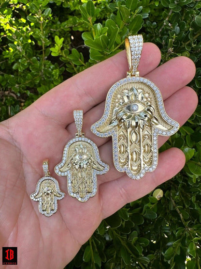 Real 925 Sterling Silver Hamsa Evil Eye Hand Iced MOISSANITE Pendant - YELLOW GOLD