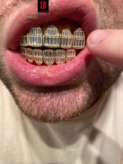 White Rhodium 925 Sterling Silver Grillz Baguette Iced Grills Top Or Bottom Teeth
