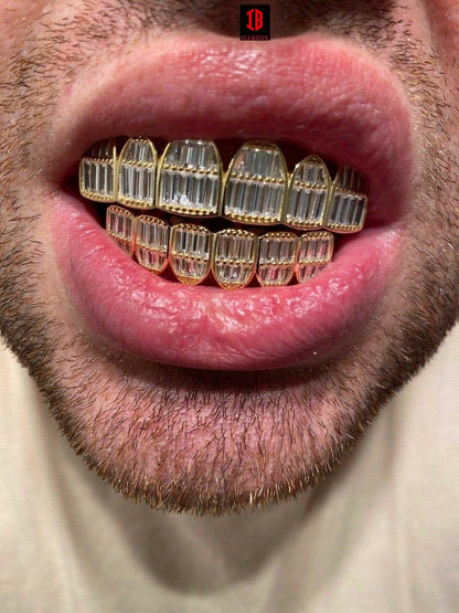 Gold Rhodium 925 Sterling Silver Grillz Baguette Iced Grills Top Or Bottom Teeth