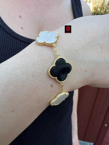 Two Tone 14k Gold Vermeil 925 Black Onyx & Pearl Leaf Clover Flower Bracelet 6-7.5inch