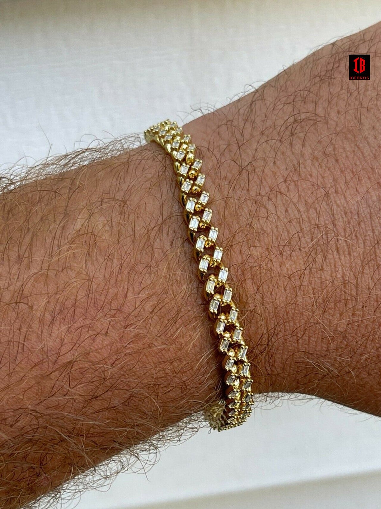 YELLOW GOLD Real 925 Sterling Silver 6mm Iced Miami Cuban Bracelet Hip Hop Baguette Diamond