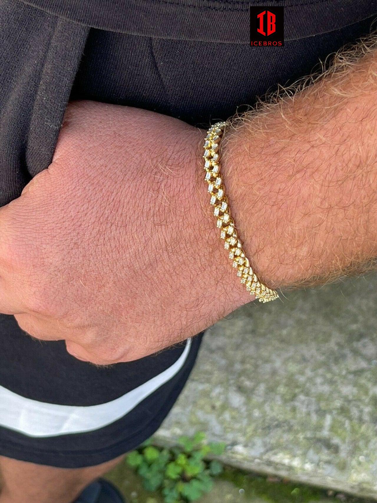 YELLOW GOLD Real 925 Sterling Silver 6mm Iced Miami Cuban Bracelet Hip Hop Baguette Diamond