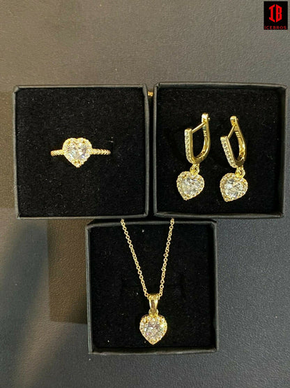 Real 14k Gold Vermeil 925 Silver Heart Shaped Diamond Ring Necklace Earrings Set