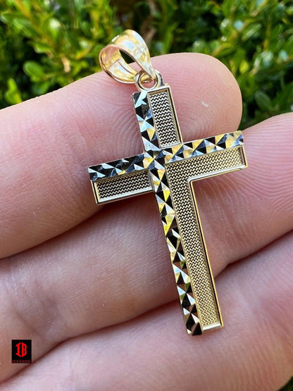 Solid 14k Solid Yellow & White Diamond Cut Gold Cross Crucifix Pendant Necklace