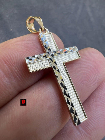 Solid 14k Solid Yellow & White Diamond Cut Gold Cross Crucifix Pendant Necklace