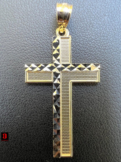 Solid 14k Solid Yellow & White Diamond Cut Gold Cross Crucifix Pendant Necklace