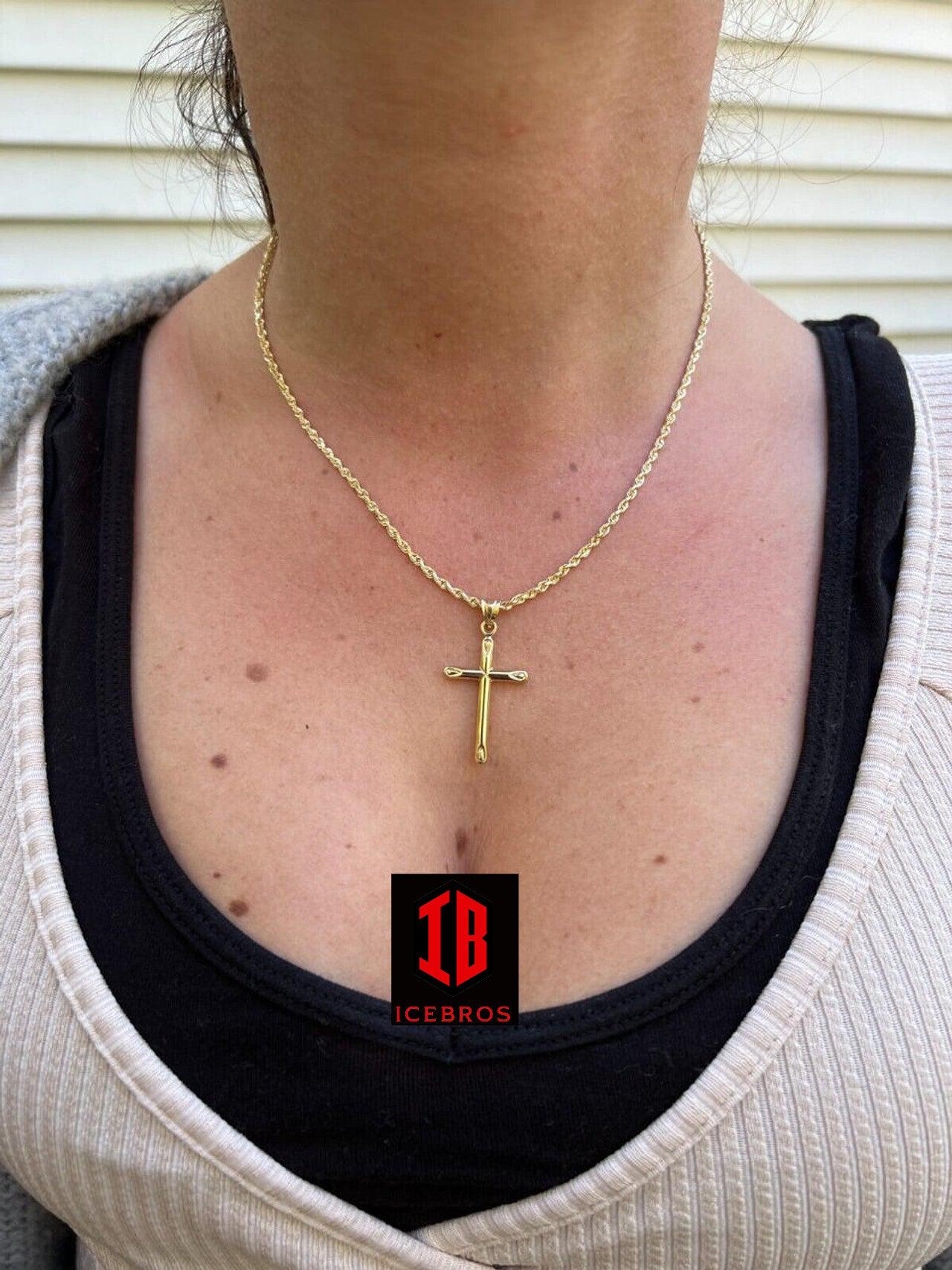 ICEBROS 14kt Yellow Gold Plain Cross Crucifix Pendant Necklace Mens Ladies 1inch Medium