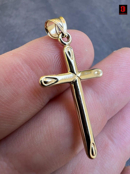 ICEBROS 14kt Yellow Gold Plain Cross Crucifix Pendant Necklace Mens Ladies 1inch Medium