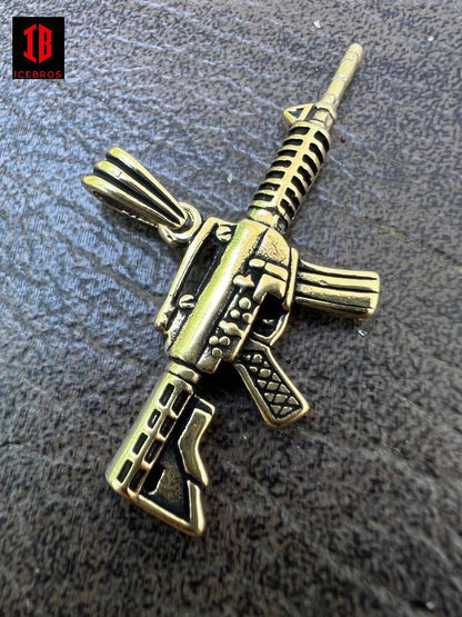 925 Silver Over 14k Gold Plated AR Gun Rifle Pendant Necklace Military M16