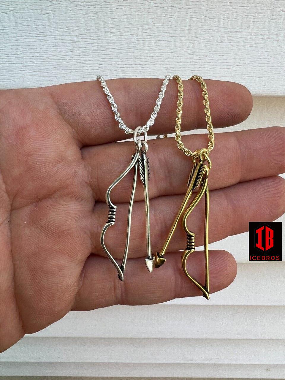 925 Silver 14k Gold Vermeil Bow and Arrow Cupid Pendant Necklace Charm