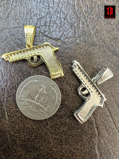925 Silver 14k Gold Plated Gun Desert Eagle Pistol Pendant Necklace Iced