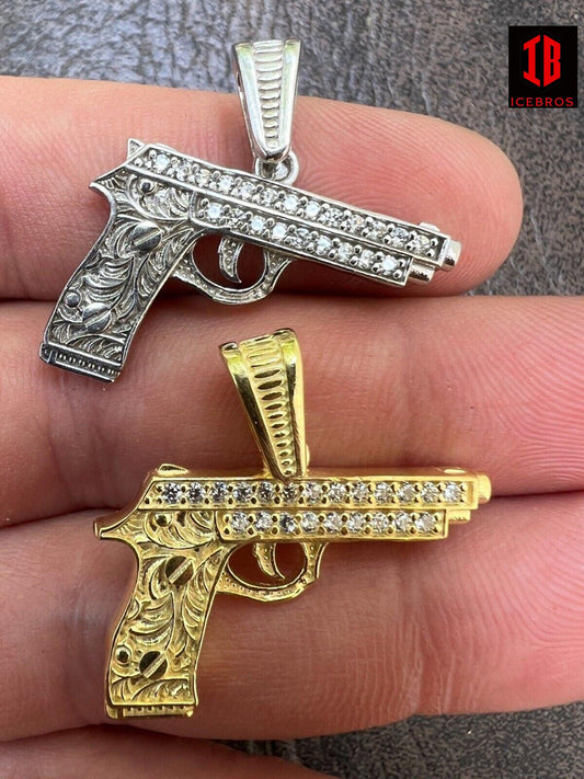 925 Silver 14k Gold Plated Gun Desert Eagle Pistol Pendant Necklace Iced