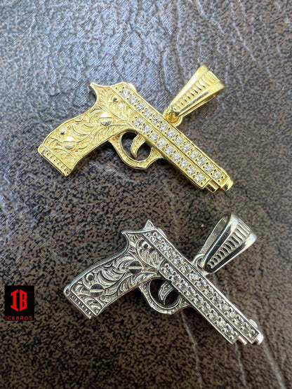 925 Silver 14k Gold Plated Gun Desert Eagle Pistol Pendant Necklace Iced