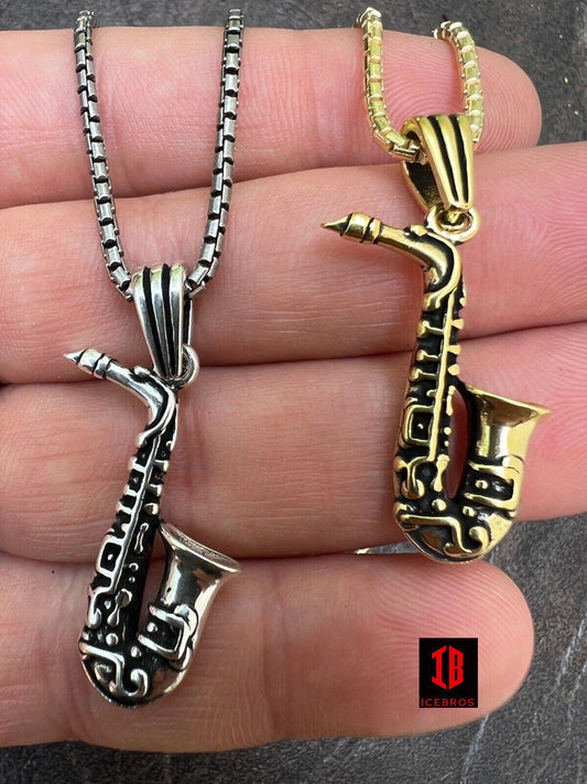 925 Silver 14k Gold Plated Jazz Saxophone Musical Pendant Necklace Micro