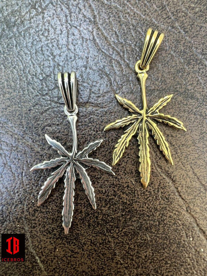 925 Silver 14k Gold Bonded Marijuana Leaf Oxidized Pendant Necklace Charm