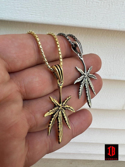 925 Silver 14k Gold Bonded Marijuana Leaf Oxidized Pendant Necklace Charm