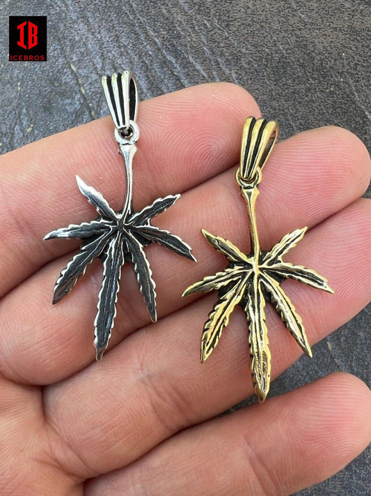 925 Silver 14k Gold Bonded Marijuana Leaf Oxidized Pendant Necklace Charm