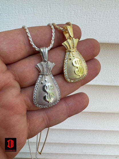 Fine 925 Silver 14k Gold Plated Money Bag Dollar Sign Pendant Necklace Iced