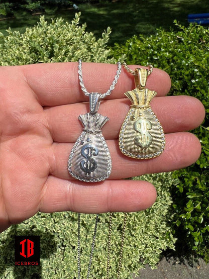 Fine 925 Silver 14k Gold Plated Money Bag Dollar Sign Pendant Necklace Iced