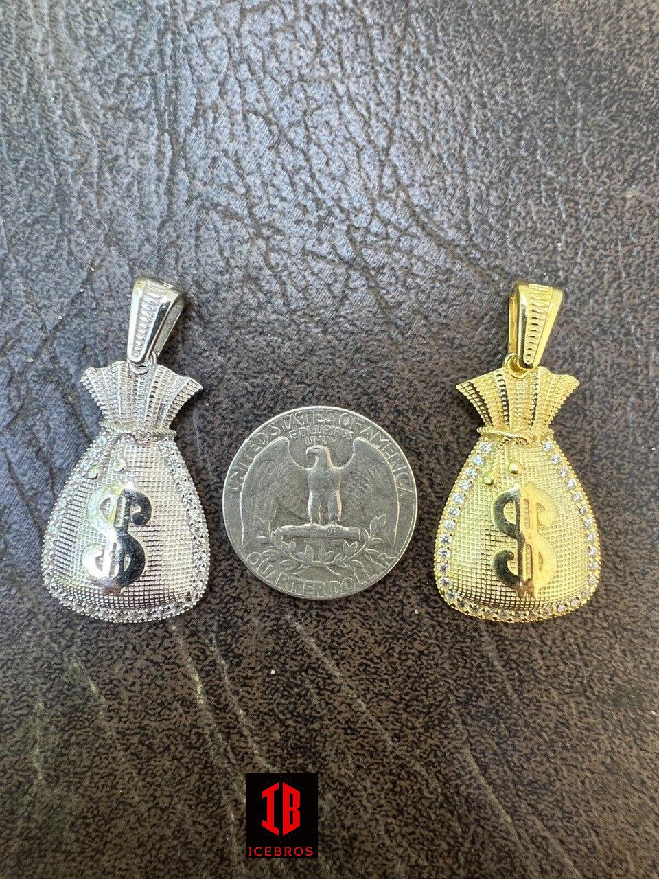 Fine 925 Silver 14k Gold Plated Money Bag Dollar Sign Pendant Necklace Iced