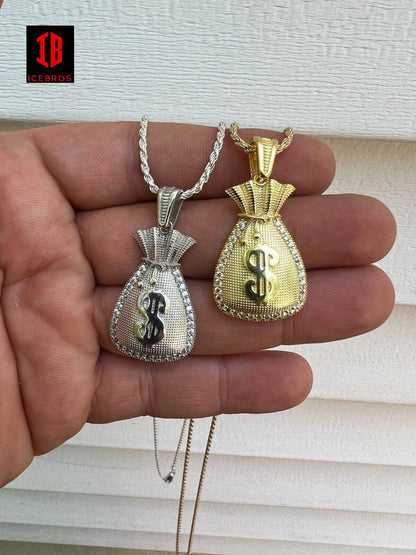 Fine 925 Silver 14k Gold Plated Money Bag Dollar Sign Pendant Necklace Iced