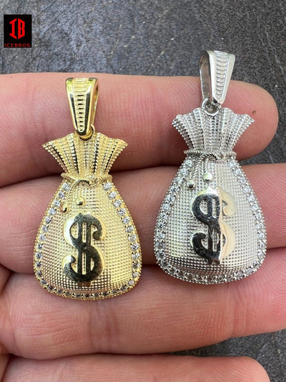 Fine 925 Silver 14k Gold Plated Money Bag Dollar Sign Pendant Necklace Iced