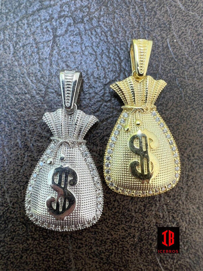 Fine 925 Silver 14k Gold Plated Money Bag Dollar Sign Pendant Necklace Iced