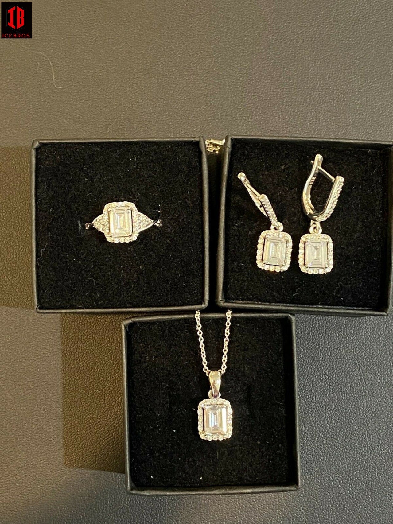 14k Gold Vermeil Real 925 Silver Baguette Diamond Ring Pendant & Earrings Set