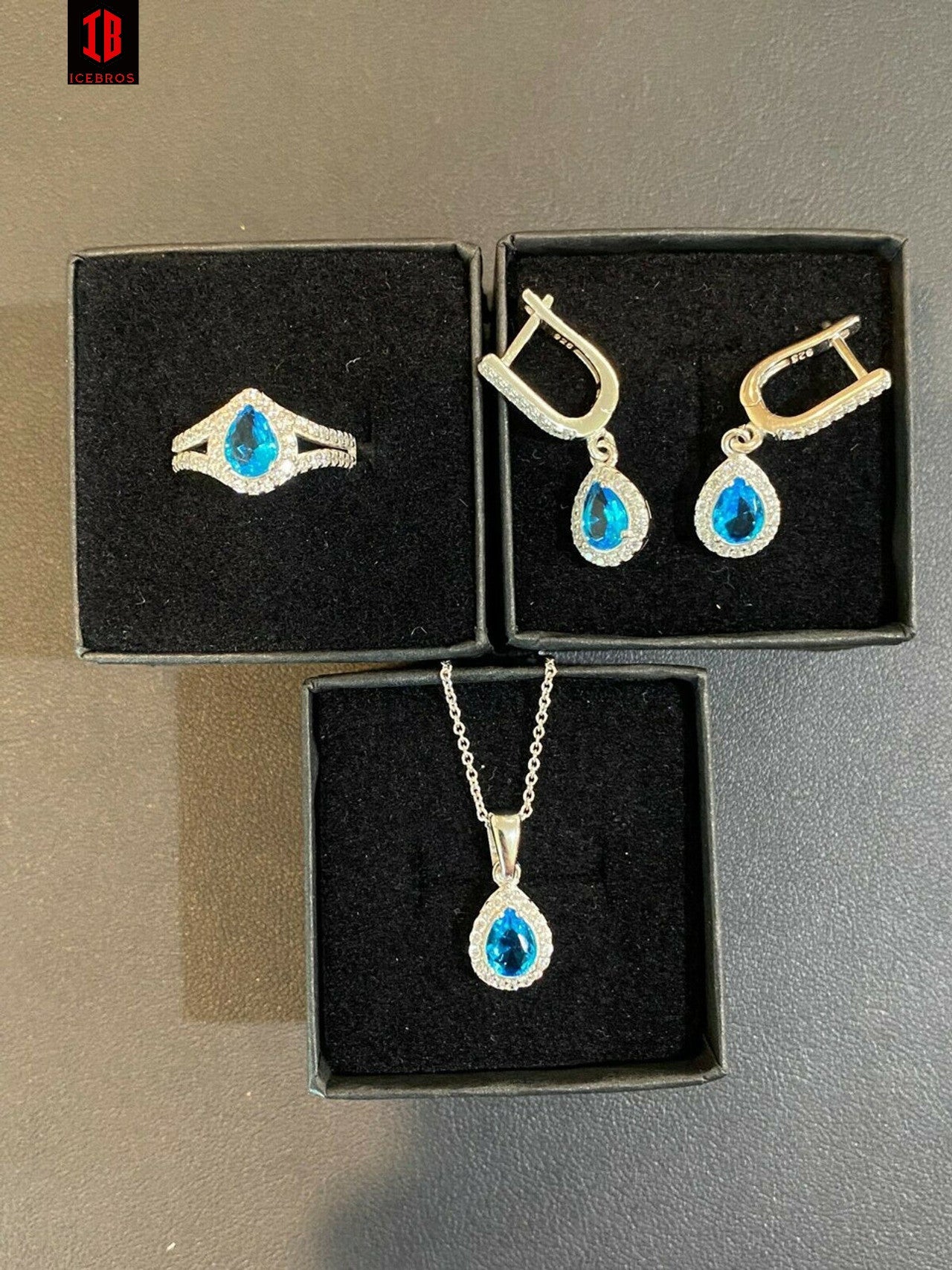 Real 925 Silver Blue Aquamarine Diamond Ring Necklace Earrings Girls Jewelry Set
