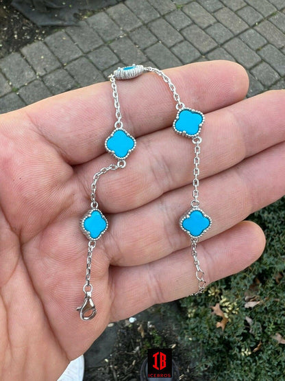 925 Silver Blue Turquoise Four Leaf Lucky Clover Flower Bracelet 6-7.5inch (4 Colors)