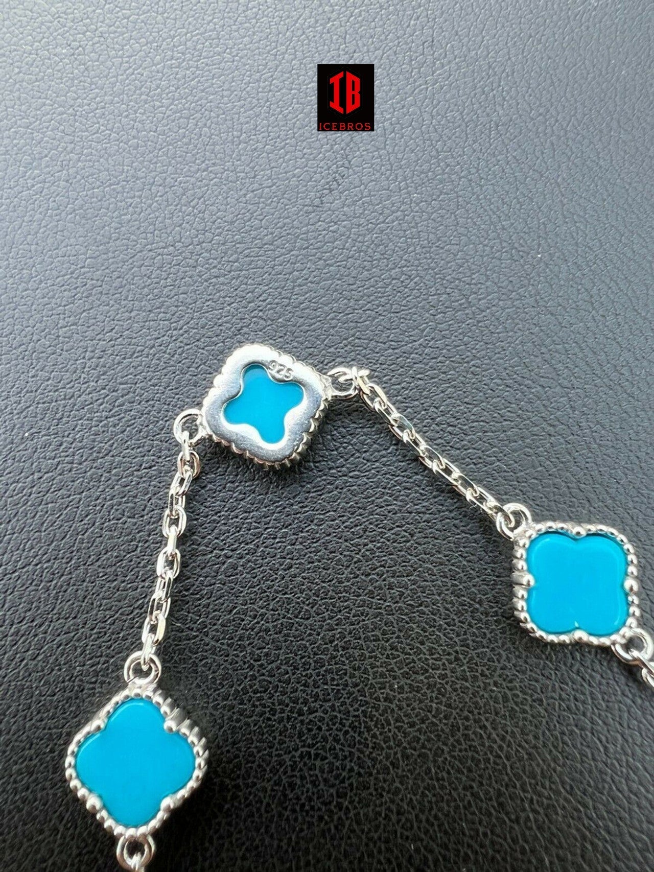 925 Silver Blue Turquoise Four Leaf Lucky Clover Flower Bracelet 6-7.5inch (4 Colors)