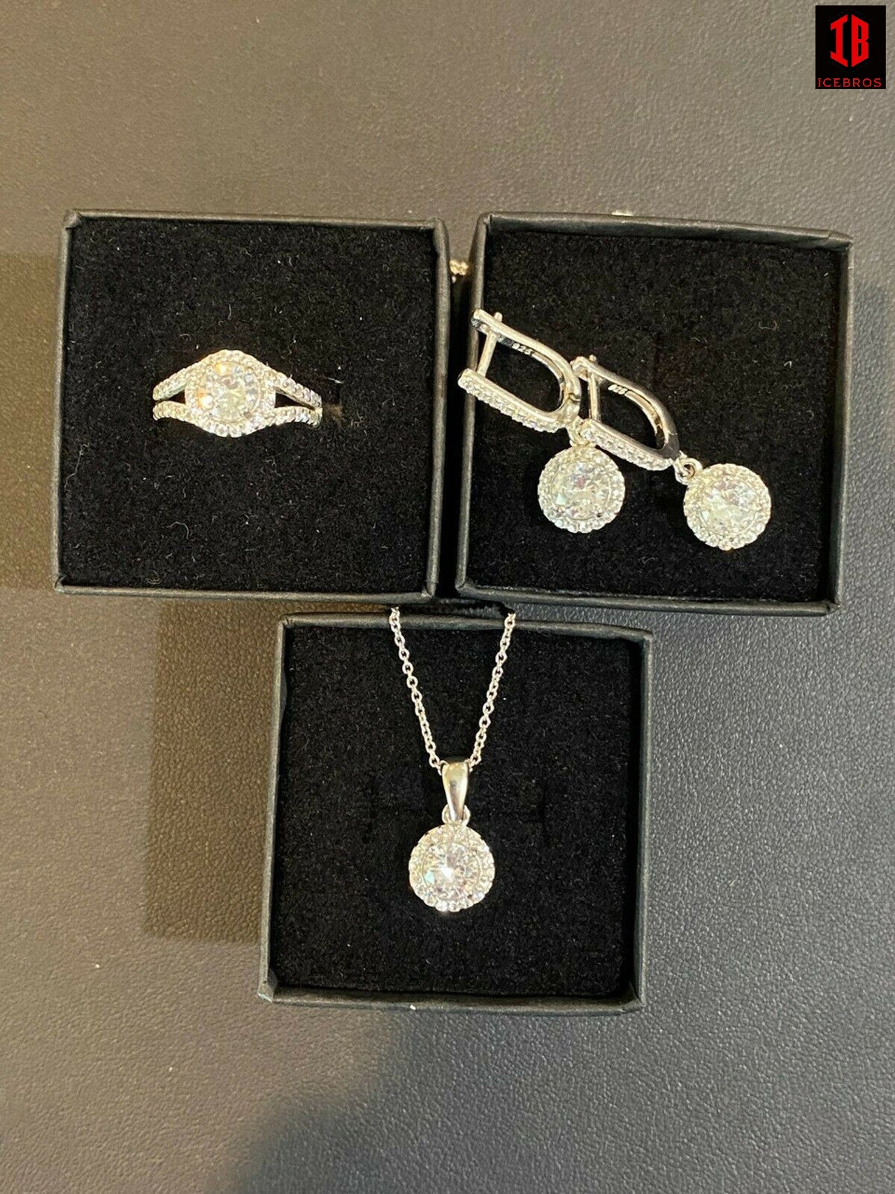 Real 925 Silver Diamond Ring Pendant Necklace Earrings Jewelry Set Wedding Girls