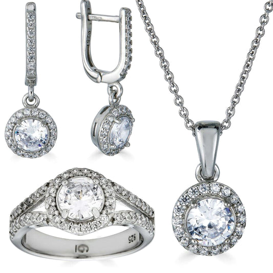 Real 925 Silver Diamond Ring Pendant Necklace Earrings Jewelry Set Wedding Girls