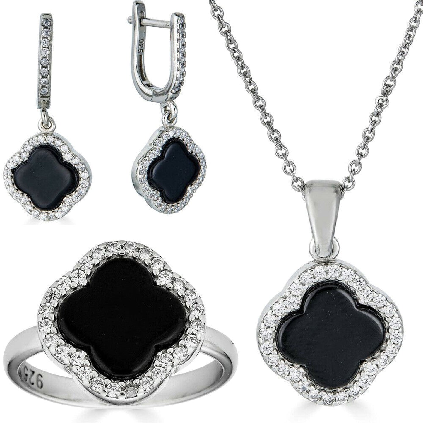 Real 925 Silver Four Leaf Clover Black Onyx Ring Necklace & Earrings Ladies Set