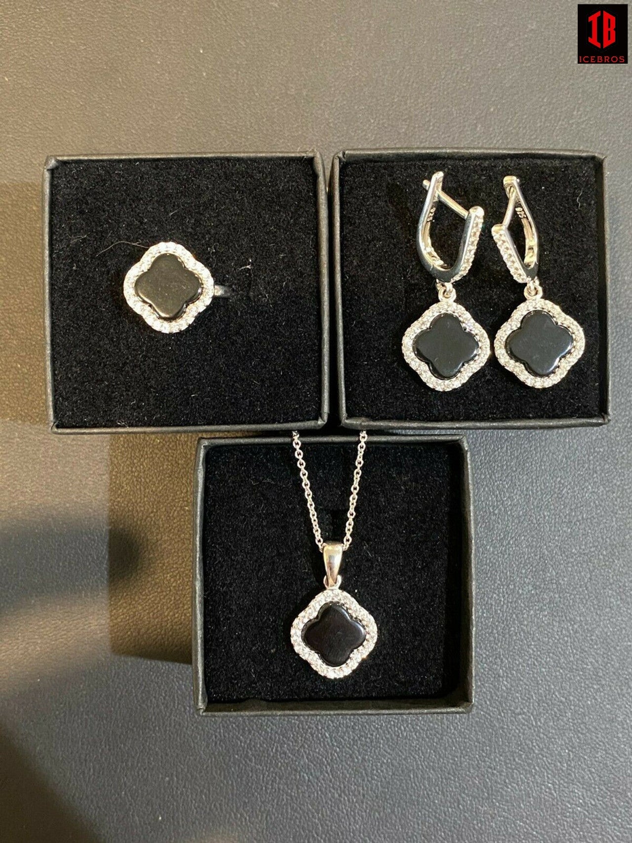 Real 925 Silver Four Leaf Clover Black Onyx Ring Necklace & Earrings Ladies Set