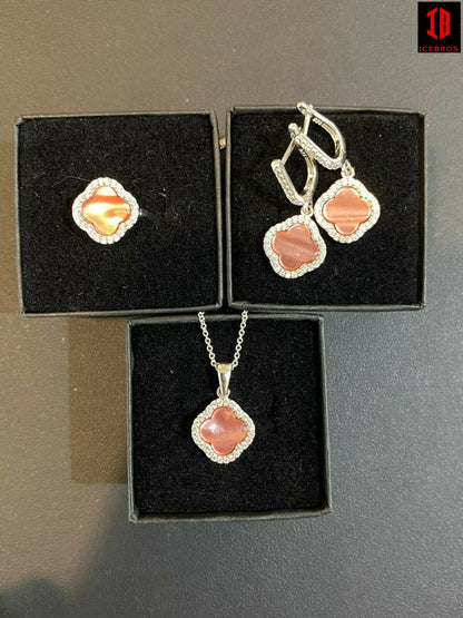 Real 925 Silver Four Leaf Clover Pink Pearl Ring Necklace & Earrings Ladies Set