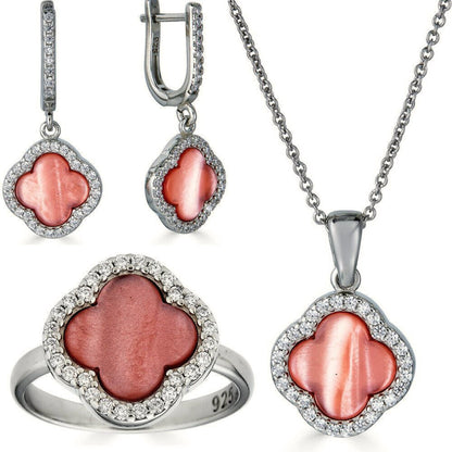 Real 925 Silver Four Leaf Clover Pink Pearl Ring Necklace & Earrings Ladies Set