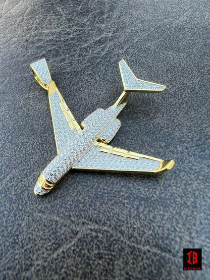 925 Silver 10K Gold Bling Out Iced Airplane Hip Hop Pendant Necklace Air Plane