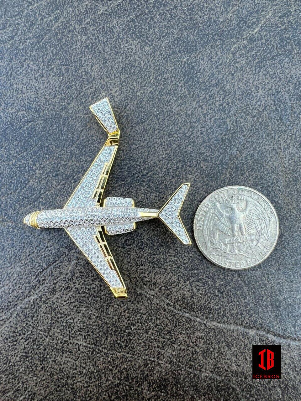 925 Silver 10K Gold Bling Out Iced Airplane Hip Hop Pendant Necklace Air Plane