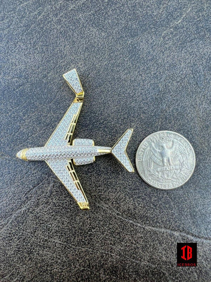 925 Silver 10K Gold Bling Out Iced Airplane Hip Hop Pendant Necklace Air Plane